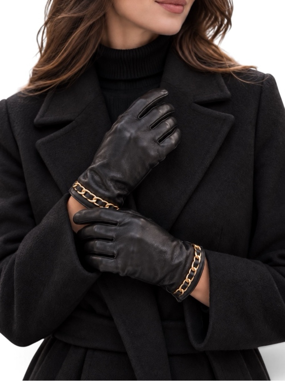 Marcus Adler The Darcy Black Sheepskin Leather Chain Trim Gloves Size S NWT